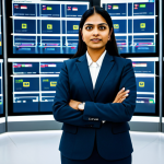 **A highly professional and focused Indian distribution manager**, male or female, standing confidently in a modern, high-tech logistics control room. They are wearing a modest business suit, fully clothed, with professional dress. The background features large digital screens displaying real-time supply chain data, global maps with interconnected routes, and automated warehouse operations. The scene is illuminated with professional, clean lighting, emphasizing efficiency and technological integration. The individual's perfect anatomy, correct proportions, and natural pose are depicted, with well-formed hands and proper finger count. This is a high-quality, professional photograph, safe for work and appropriate content.