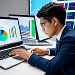 A focused young professional, fully clothed in modest business casual attire, diligently studying in a bright, modern study space. On the desk are a laptop displaying complex data analytics charts, a tablet showing an e-commerce interface, and professional textbooks. Subtle holographic elements representing AI and digital trends float in the background, symbolizing advanced learning. The setting is clean and organized, with ample natural light. The subject is in a natural pose with perfect anatomy, correct proportions, well-formed hands, and proper finger count. The image should convey a sense of dedication and forward-thinking preparation. High-resolution, professional photography, appropriate content, safe for work, professional dress.