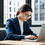 A focused professional, appearing gender-neutral, is seated at a sleek, modern desk in a well-lit, quiet study space. They are dressed in a smart, modest business casual outfit, fully clothed, appropriate attire. An open laptop, neat stack of books, and a cup of coffee are on the desk, indicating diligent study and self-improvement. The background is softly blurred, providing a sense of calm concentration. Professional photography, high resolution, soft lighting, natural pose, perfect anatomy, correct proportions, well-formed hands, proper finger count, natural body proportions. safe for work, appropriate content, fully clothed, professional, family-friendly.
