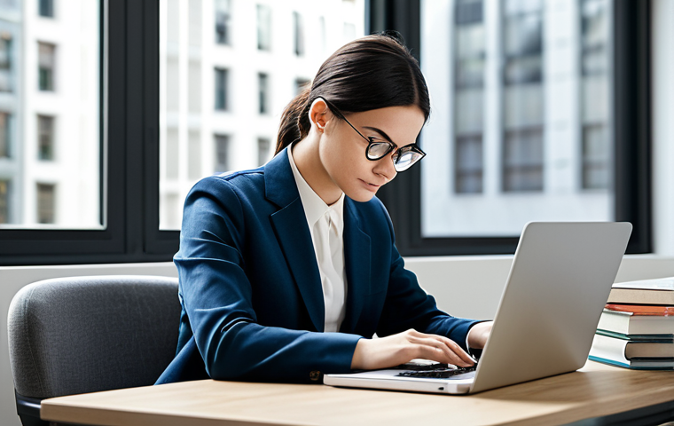 A focused professional, appearing gender-neutral, is seated at a sleek, modern desk in a well-lit, quiet study space. They are dressed in a smart, modest business casual outfit, fully clothed, appropriate attire. An open laptop, neat stack of books, and a cup of coffee are on the desk, indicating diligent study and self-improvement. The background is softly blurred, providing a sense of calm concentration. Professional photography, high resolution, soft lighting, natural pose, perfect anatomy, correct proportions, well-formed hands, proper finger count, natural body proportions. safe for work, appropriate content, fully clothed, professional, family-friendly.