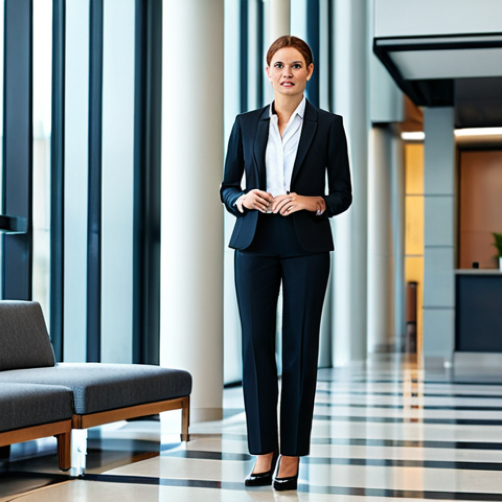 유통관리사 취득 후 실무 교육 과정 - A fully clothed businesswoman in a professional business suit, standing confidently in a modern offi...