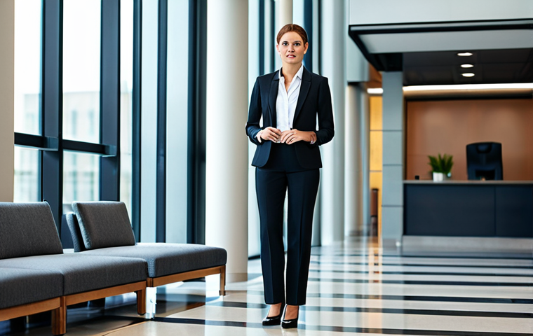 유통관리사 취득 후 실무 교육 과정 - A fully clothed businesswoman in a professional business suit, standing confidently in a modern offi...