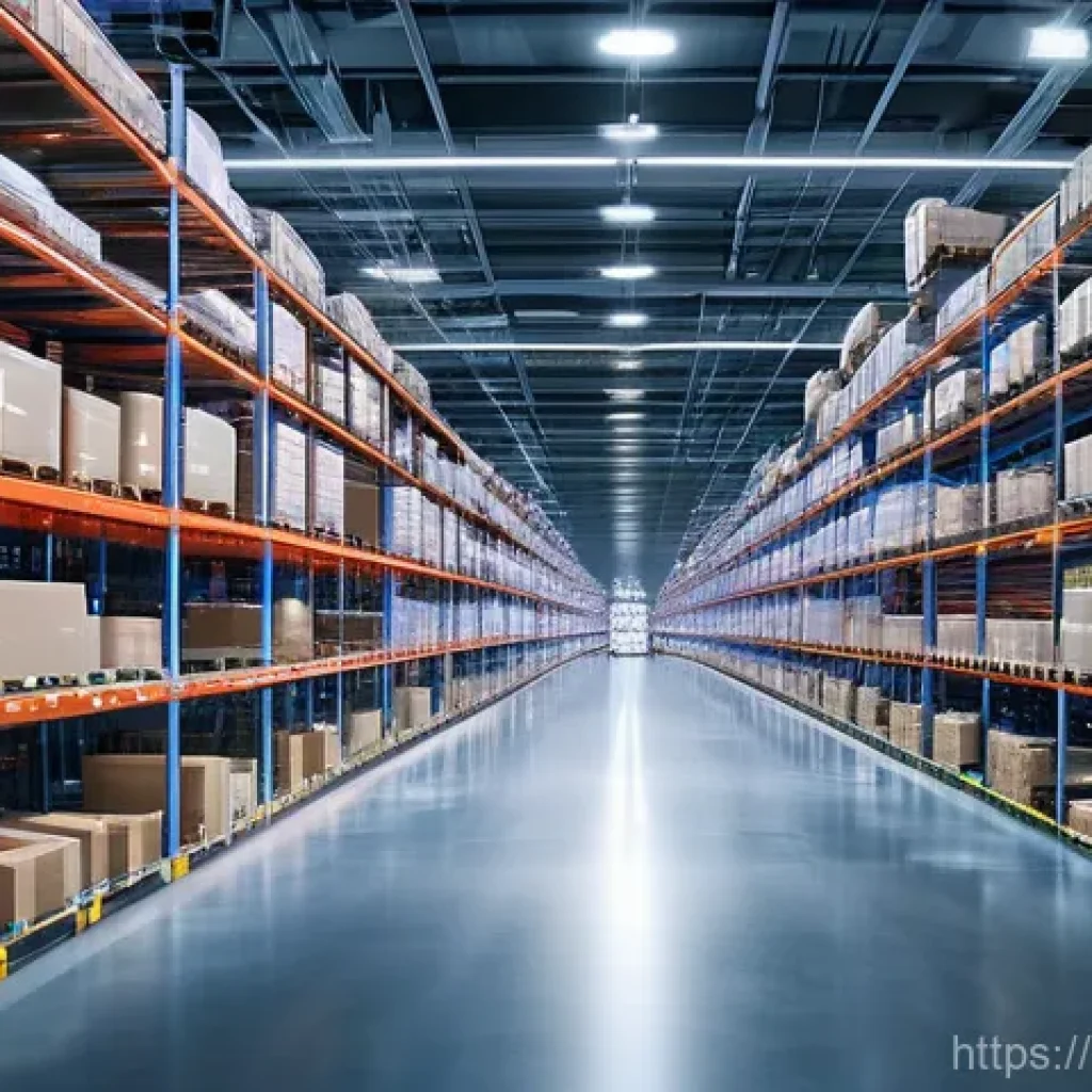 유통관리사 이론 학습 꿀팁 - **Prompt:** A futuristic, high-tech distribution center bustling with activity. The vast, clean ware...
