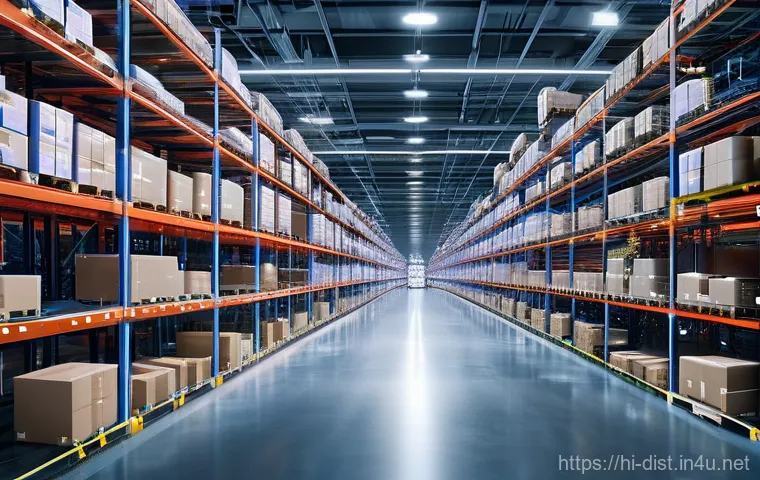 유통관리사 이론 학습 꿀팁 - **Prompt:** A futuristic, high-tech distribution center bustling with activity. The vast, clean ware...
