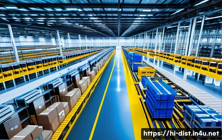 유통관리사 취득 후 커리어 계획 - **Prompt 1: Futuristic Automated Warehouse for Distribution**
"A wide-angle shot of a brightly l...