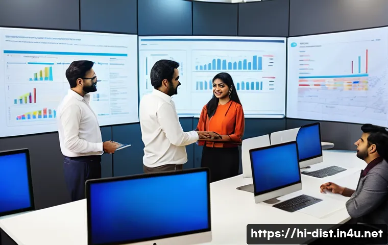 유통관리사 시험 후 느낀 점 - A professional Indian utility management team collaborating in a modern office, diverse group of men...