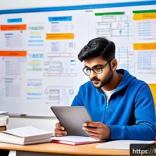 유통관리사 시험 난이도 분석 - A focused Indian student studying in a modern, well-lit room filled with books and a laptop, surroun...