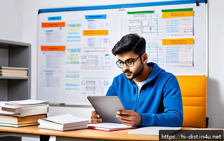 유통관리사 시험 난이도 분석 - A focused Indian student studying in a modern, well-lit room filled with books and a laptop, surroun...