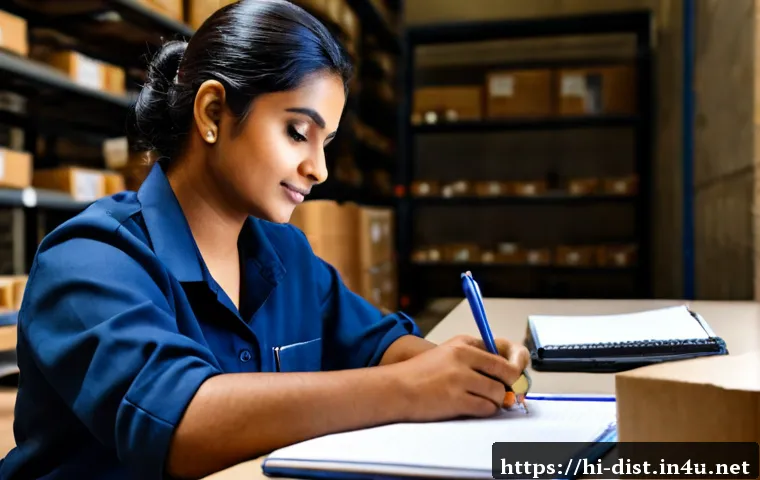 Home 17 유통관리사 실무 일지 작성법 - Photorealistic warehouse distribution supervisor seated at a clean desk, carefully writing a daily o...